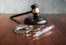 Gavel, handcuffs, and syringe on wooden table.