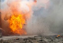 A large explosion with flames and smoke.