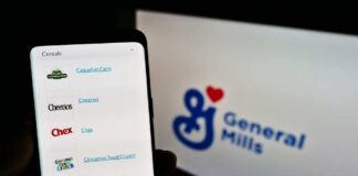 Phone displaying cereal brands General Mills logo visible
