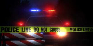 Police car with flashing lights behind caution tape.