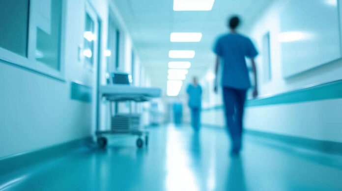 Blurred hospital corridor with medical staff