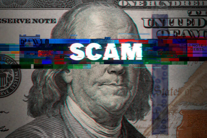 shutterstock_1919690516.jpg Dollar bill glitch effect with scam text overlay
