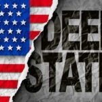 A torn paper effect revealing the words DEEP STATE against a backdrop of the American flag