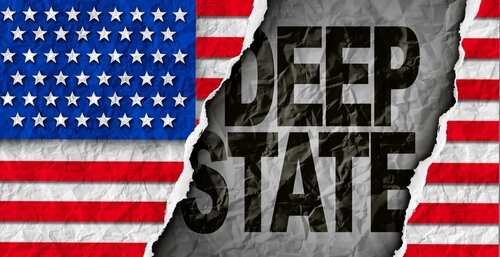 A torn paper effect revealing the words DEEP STATE against a backdrop of the American flag