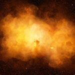 Bright orange cosmic explosion in space with stars around