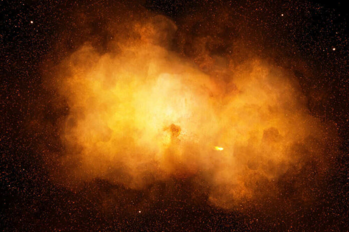 Bright orange cosmic explosion in space with stars around
