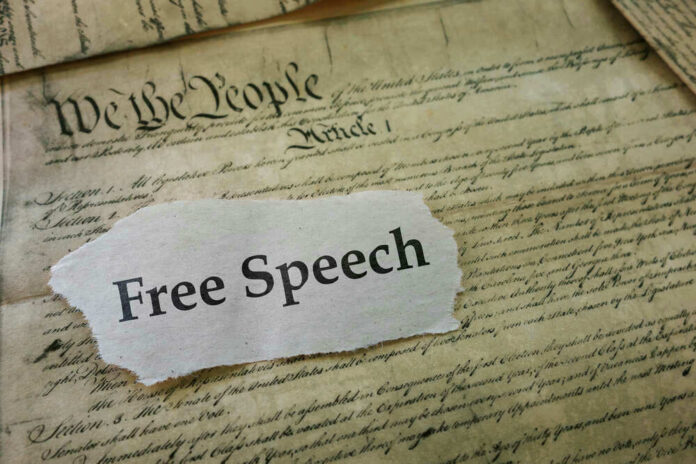 U.S. Constitution with Free Speech text overlay