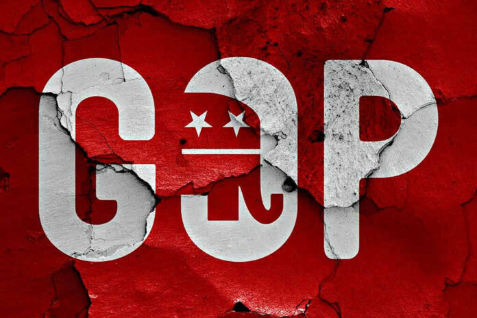 Cracked GOP logo on a red background