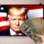 Hand holding cash in front of American flag background with Donald Trumps face