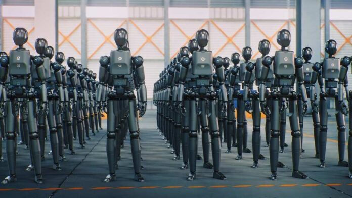 A row of humanoid robots standing in an industrial space