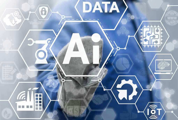 AI technology concept with various industry icons.
