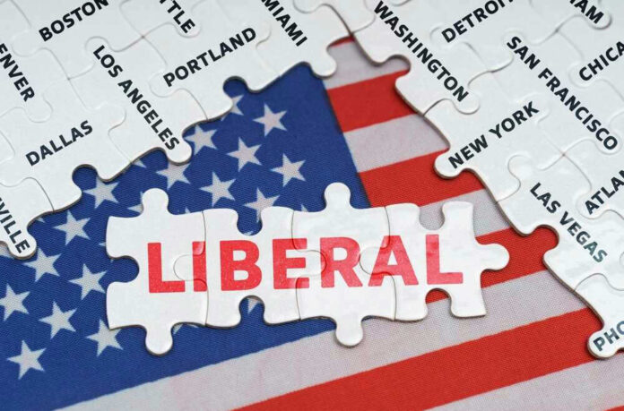 Puzzle pieces with city names over American flag background.