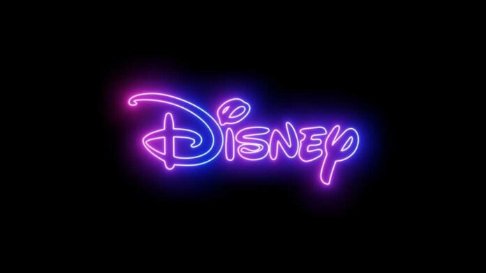 Neon Disney logo glowing against a dark background