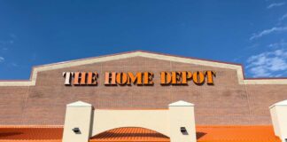 Exterior view of The Home Depot store with clear blue sky