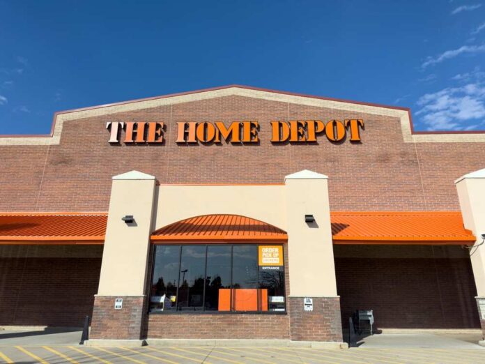Exterior view of The Home Depot store with clear blue sky