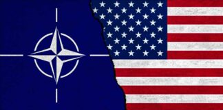 NATO flag on the left and USA flag on the right, with a torn effect in the middle