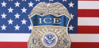 ICE officer badge displayed against an American flag background