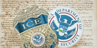 ICE badge and Department of Homeland Security emblem on a textured background