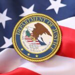 DOJ Bombshell List Shakes Epstein Case Department of Justice seal on an American flag background