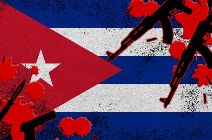 Artistic representation of the Cuban flag with guns and red splashes