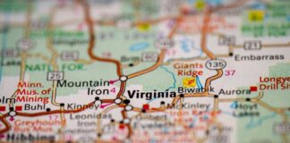 Close-up of a map showing Virginia and surrounding areas in Minnesota