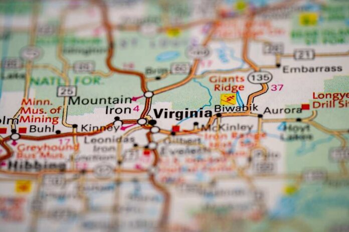 Close-up of a map showing Virginia and surrounding areas in Minnesota