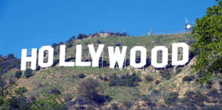 Hollywood sign on a hillside in Los Angeles.