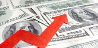 A red arrow indicating growth over scattered hundred dollar bills