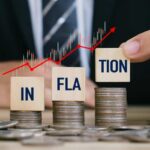 Blocks spelling 'INFLATION' placed on stacks of coins with a rising graph in the background