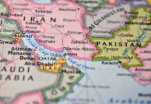 Map showing countries in the Middle East and South Asia