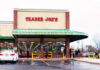 Exterior view of a Trader Joe's grocery store with customers waiting outside