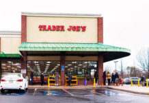 Exterior view of a Trader Joe's grocery store with customers waiting outside