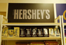 Display of Hershey's chocolate products on a store shelf
