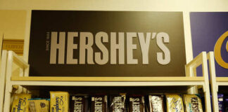 Display of Hershey's chocolate products on a store shelf