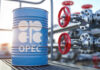 Blue oil barrel with OPEC logo next to industrial valves