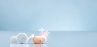 Assorted pills on a reflective surface against a light background