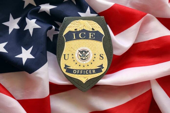 ICE officer badge placed on an American flag