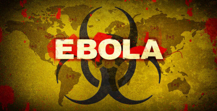 Biohazard symbol over world map referencing Ebola
