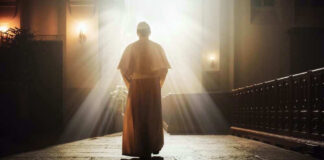 Person in religious attire bathed in sunlight.