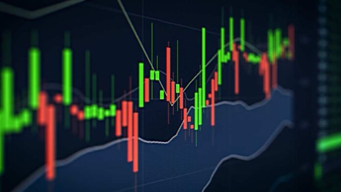 Close,Up,Computer,Display,With,Red,And,Green,Candlestick,Charts Close-up of a candlestick chart displaying stock market data