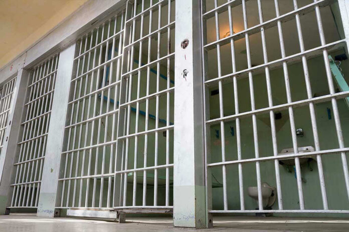 Empty prison cell with metal bars and toilet.
