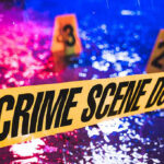 NOW: Bloody Weekend – 6 Dead; 19 Shot Crime scene tape with blurred evidence markers.
