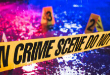 NOW: Bloody Weekend – 6 Dead; 19 Shot Crime scene tape with blurred evidence markers.