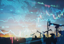 Peace Headlines, Pump Prices Plunge Oil pumps and financial charts against world map