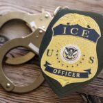 Trump’s ICE Gambit Shocks D.C. ICE officer badge next to handcuffs on a wooden surface