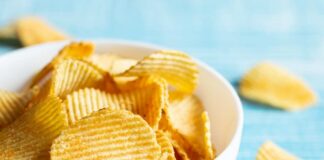 A bowl filled with golden, crispy potato chips on a countertop