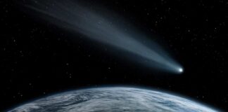 A comet streaking through space above Earth