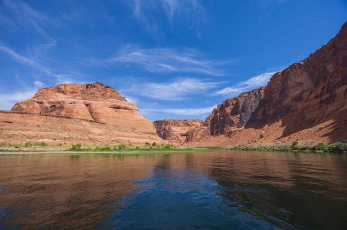 Scenic,Glen,Canyon,Landscape,On,The,Colorado,River,Arizona Red rock canyon with river under a bright blue sky