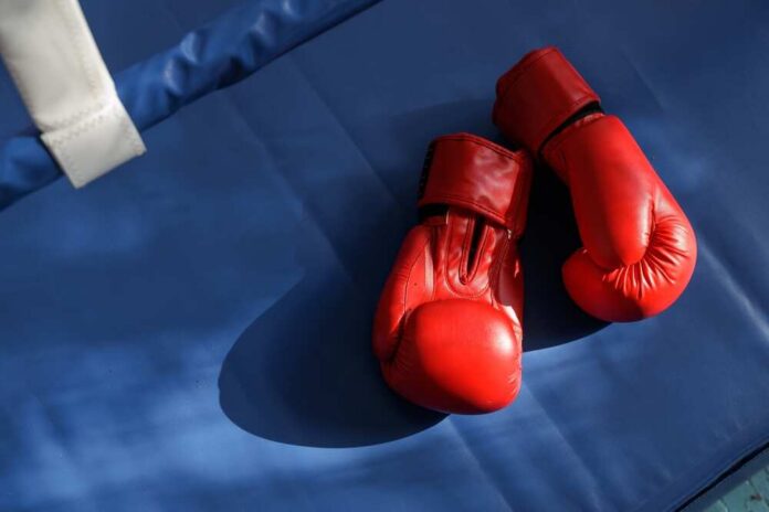Red,Boxing,Gloves,On,Blue,Ring,Canvas,In,Gym,Light An empty boxing ring illuminated by bright lights in a sports arena