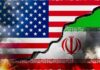 A cracked wall displaying the flags of the USA and Iran, symbolizing conflict